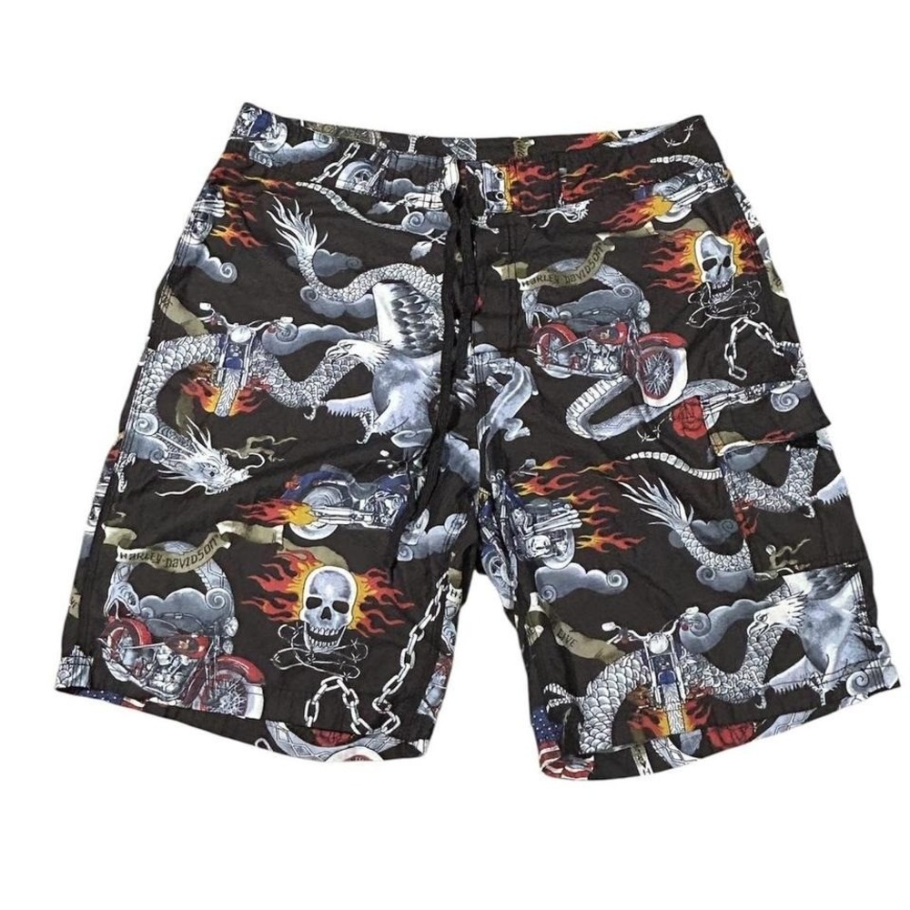 Y2K VTG Harley Davidson Flame‎ Skull Dragon Graphic Board Shorts Swim Trunks L
